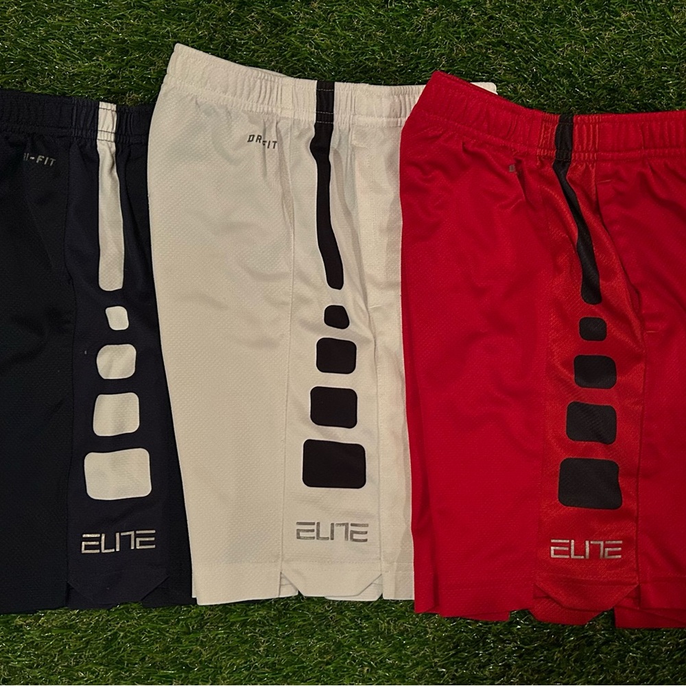 Kids Nike Elite Dri-FIT Athletic Shorts - Navy Blue, White, & Red. Kids size 6.